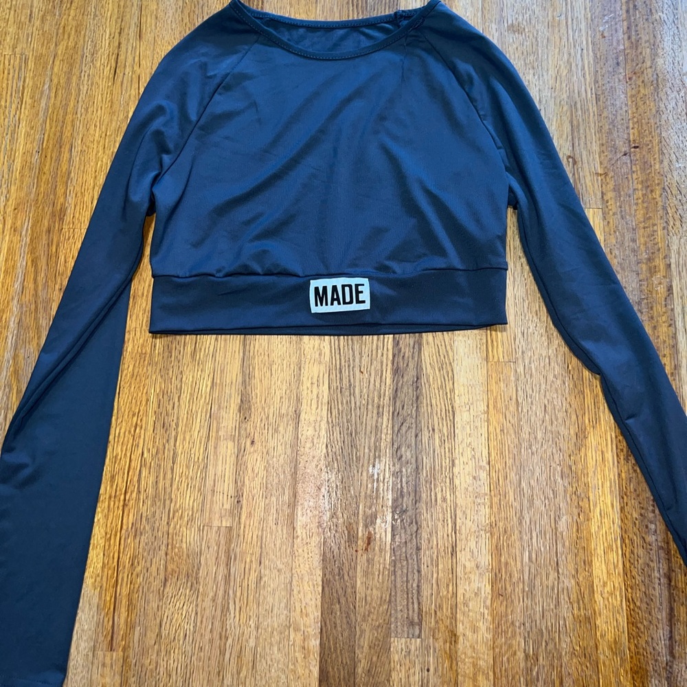 SHEIN‎ Women Small Gray Long Sleeve Crop Crew Neck Polyester Made Patch Top